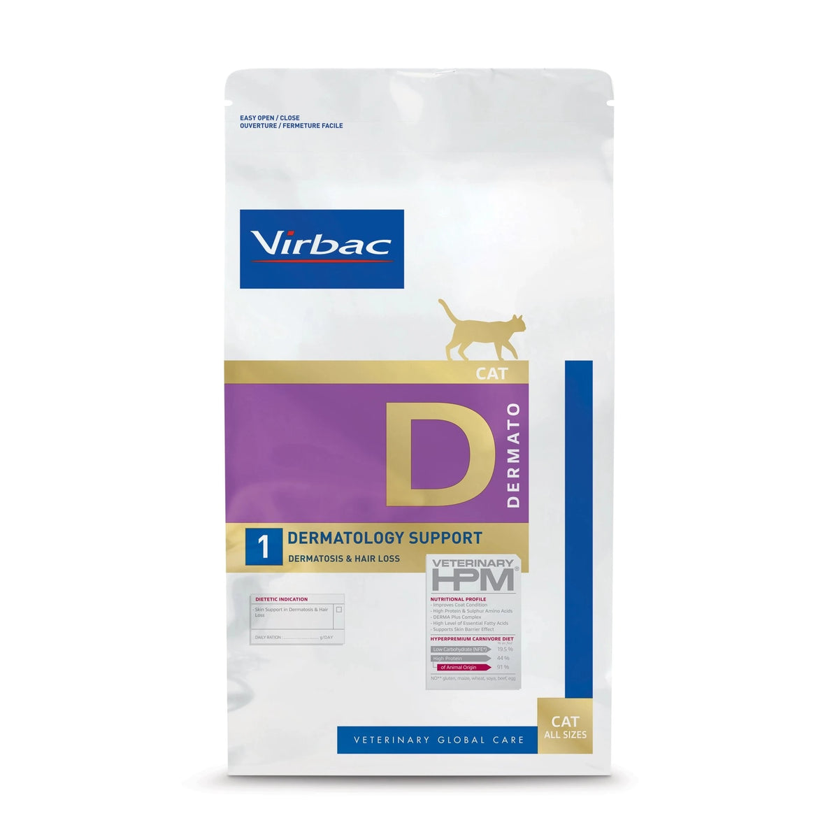 Pienso para gatos con dermatitis Virbac HPM D1 Dermatology Support, cara frontal de la bolsa, EAN 3561963601026