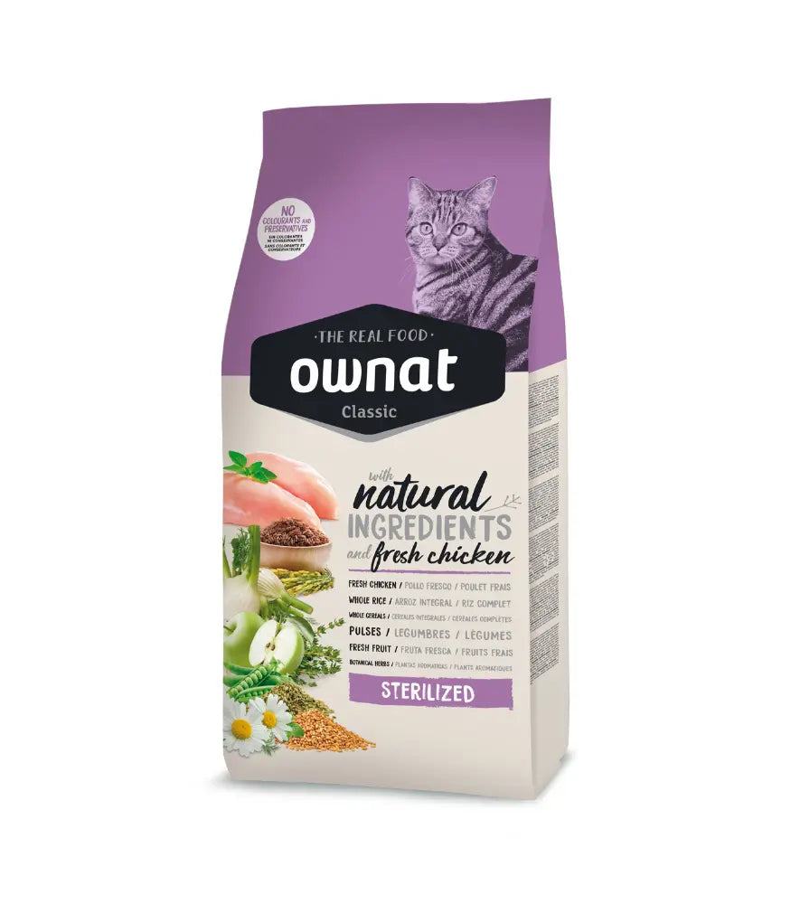 Saco frontal del pienso Ownat Classic Sterilized para gatos, EAN 8429037016280
