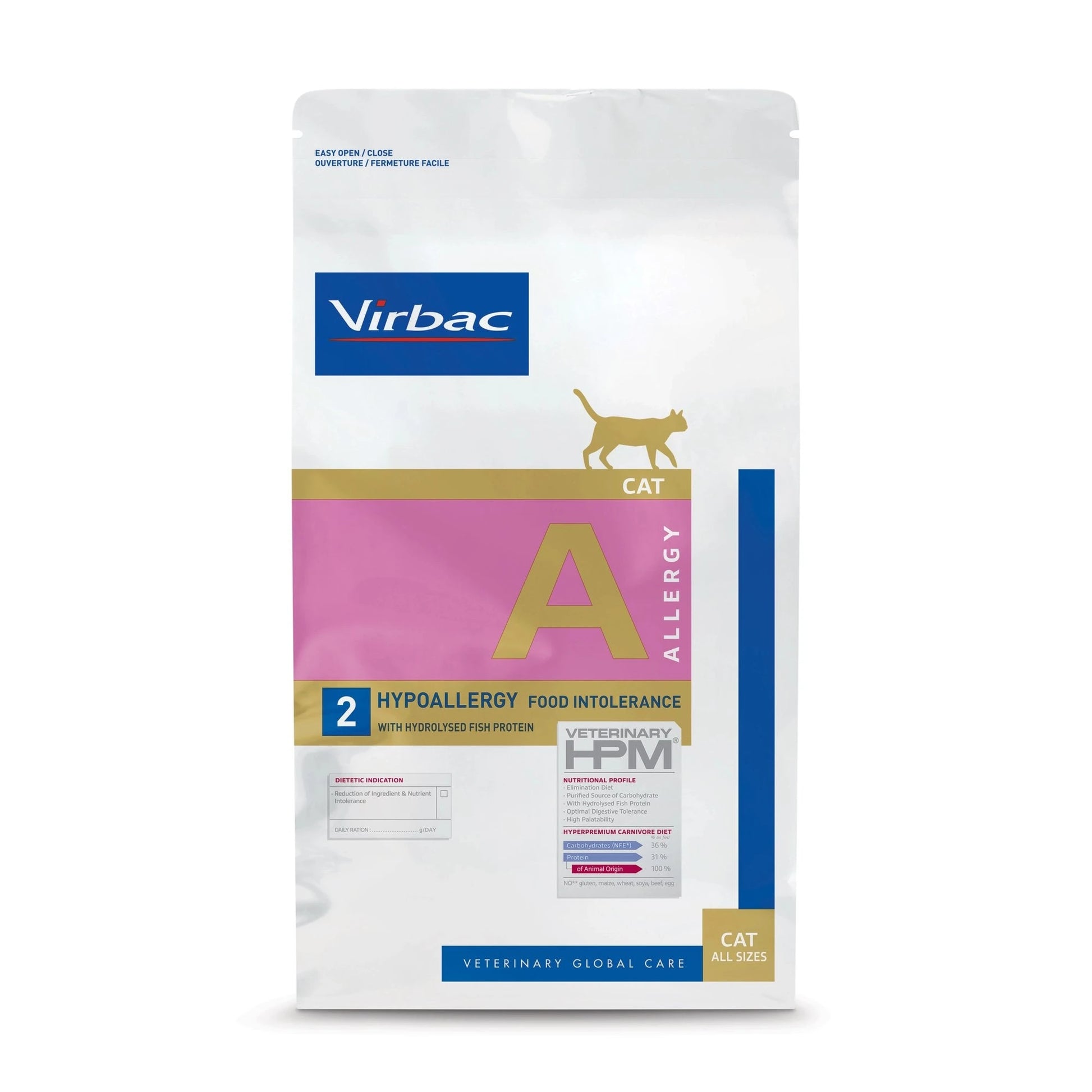 Cara frontal del envase pienso hipoalergénico HPM Hypoallergy A2 Virbac para gatos, proteína de pescado