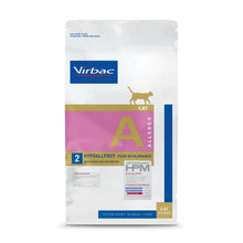 Cara frontal del envase pienso hipoalergénico HPM Hypoallergy A2 Virbac para gatos, proteína de pescado