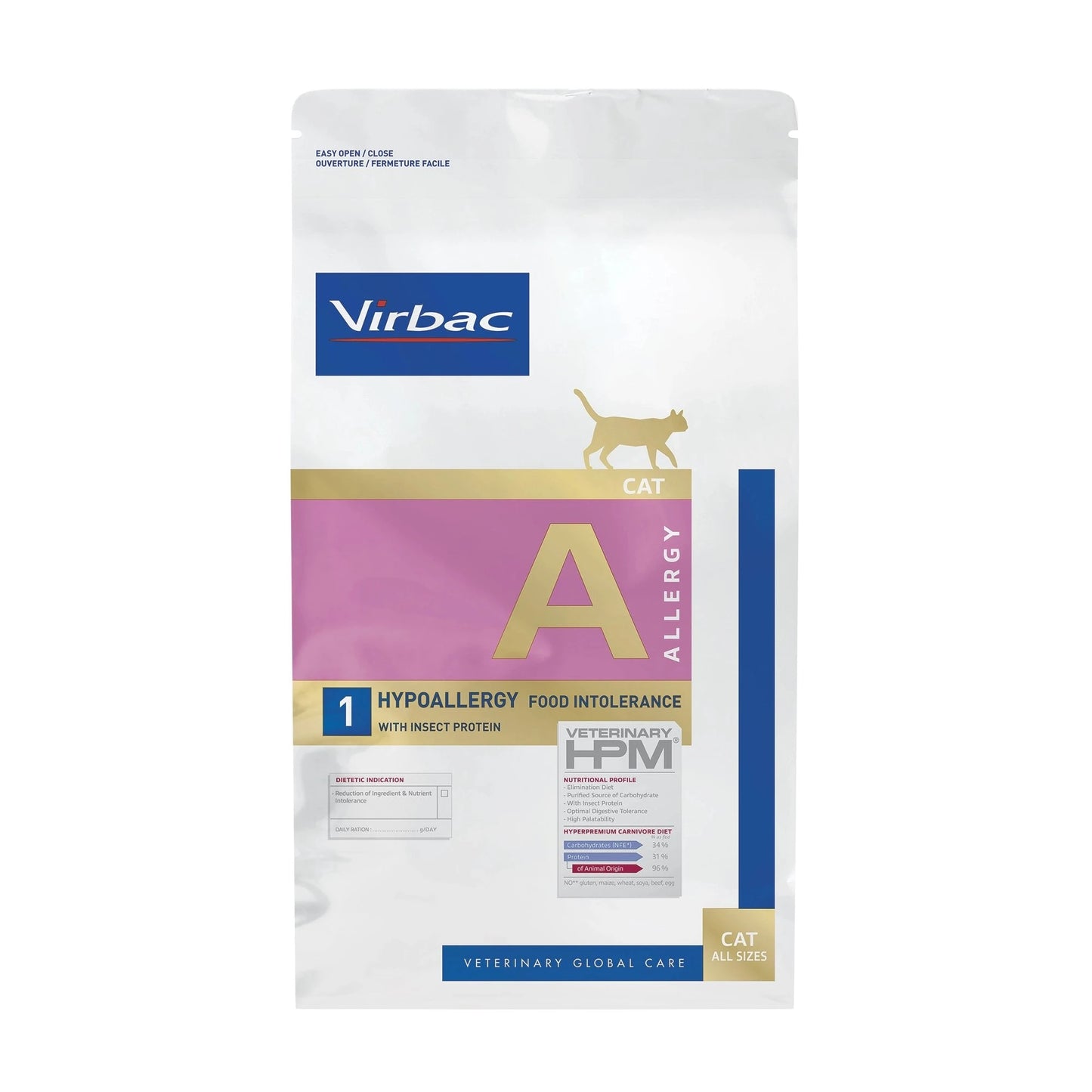 Envase frontal del pienso hipoalergénico Virbac HPM Feline A1 para gatos con intolerancia alimentaria