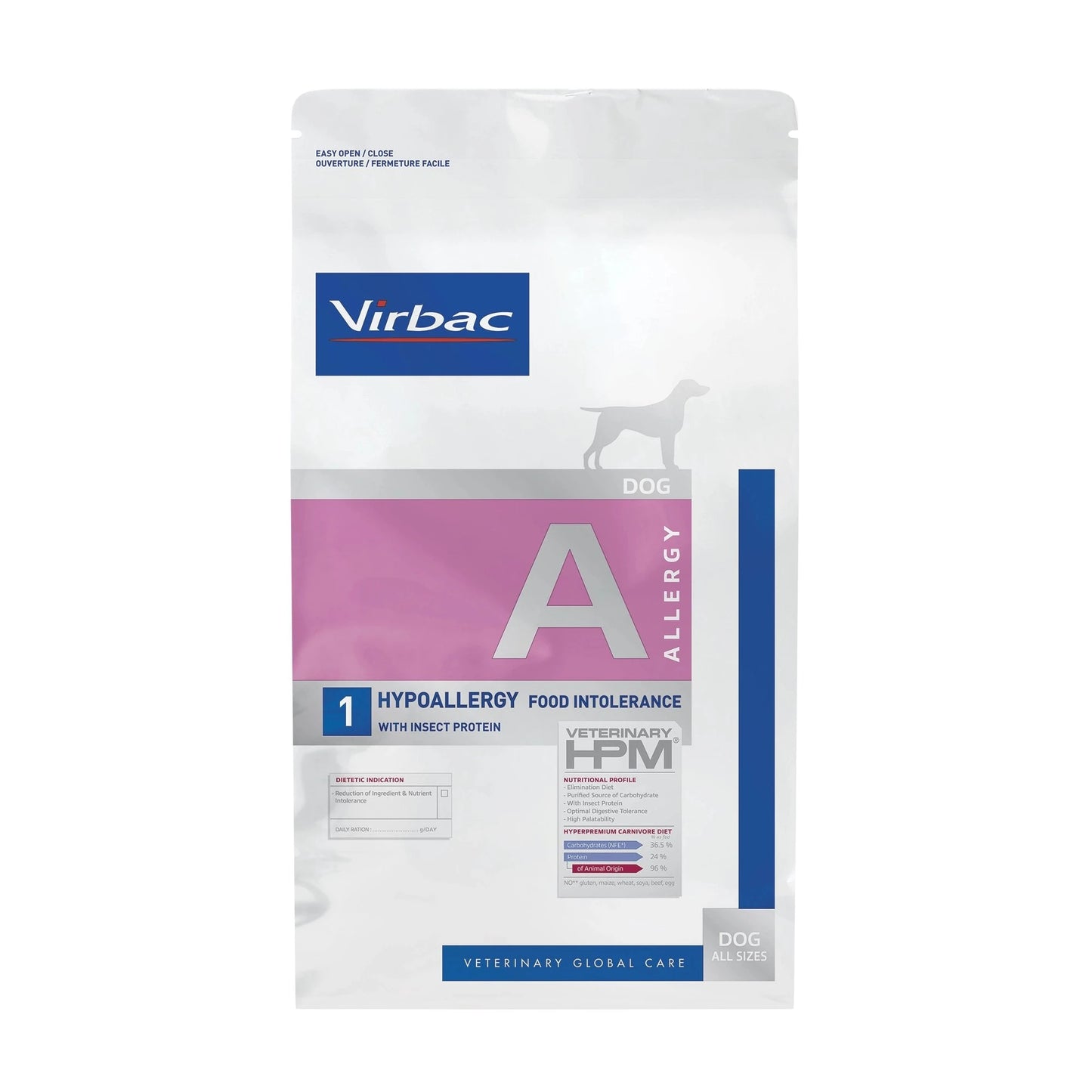 Cara frontal del envase pienso hipoalergénico Virbac HPM Hypoallergy A1 para perros, con proteína de insecto