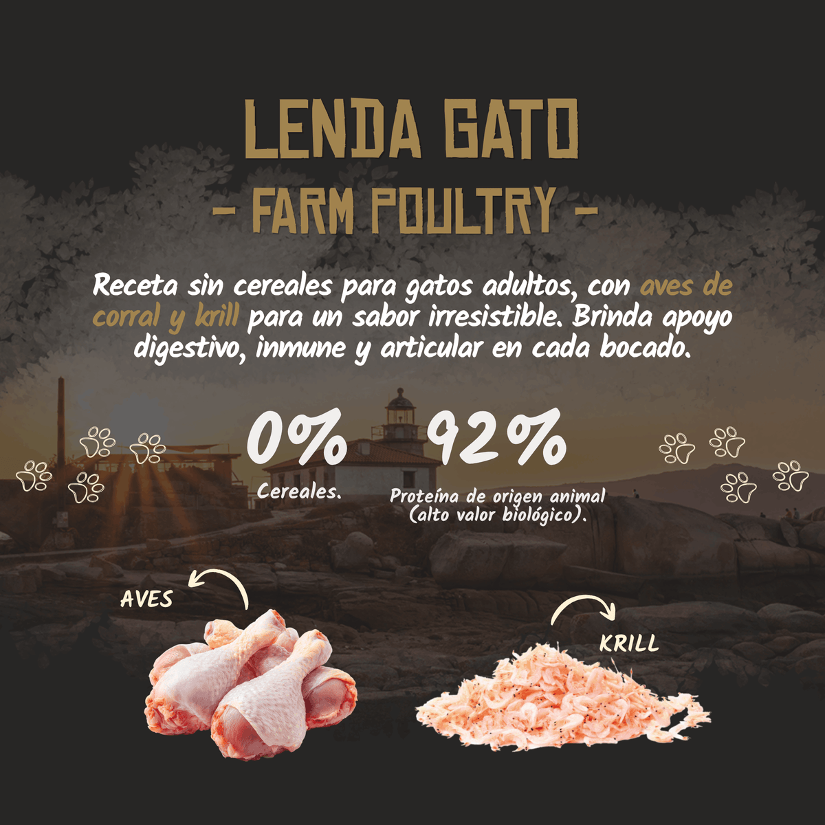 Infografía oficial del pienso Lenda Farm Poultry para gatos con sus proteínas, EAN 8435578201498 y 8435578201757