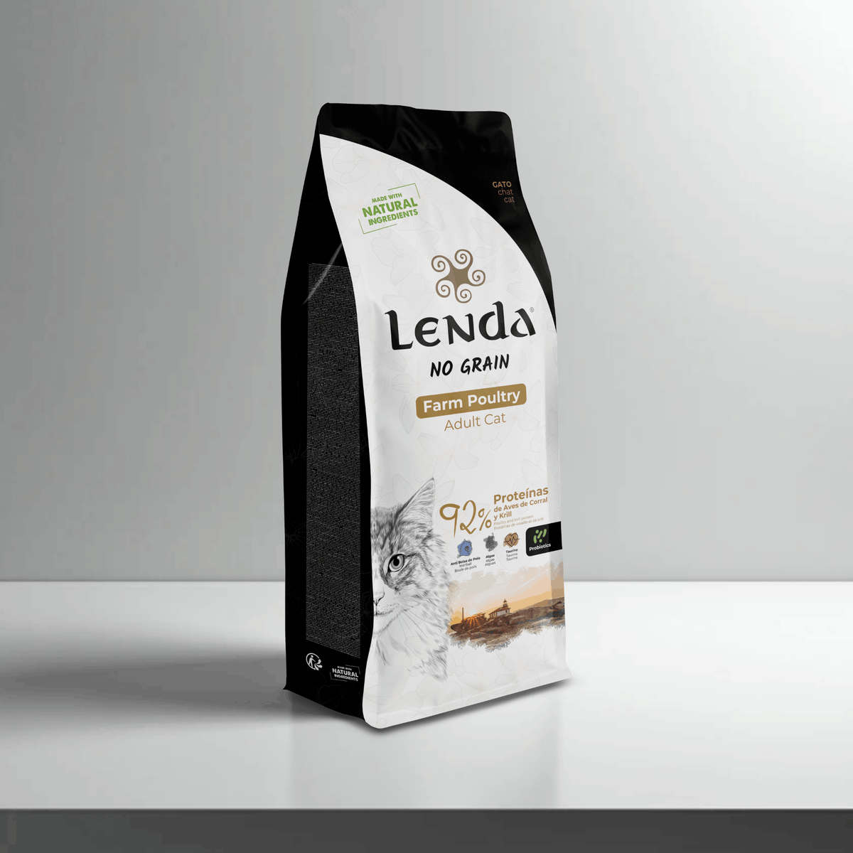 Saco frontal del pienso Lenda Farm Poultry para gatos, EAN 8435578201498 y 8435578201757