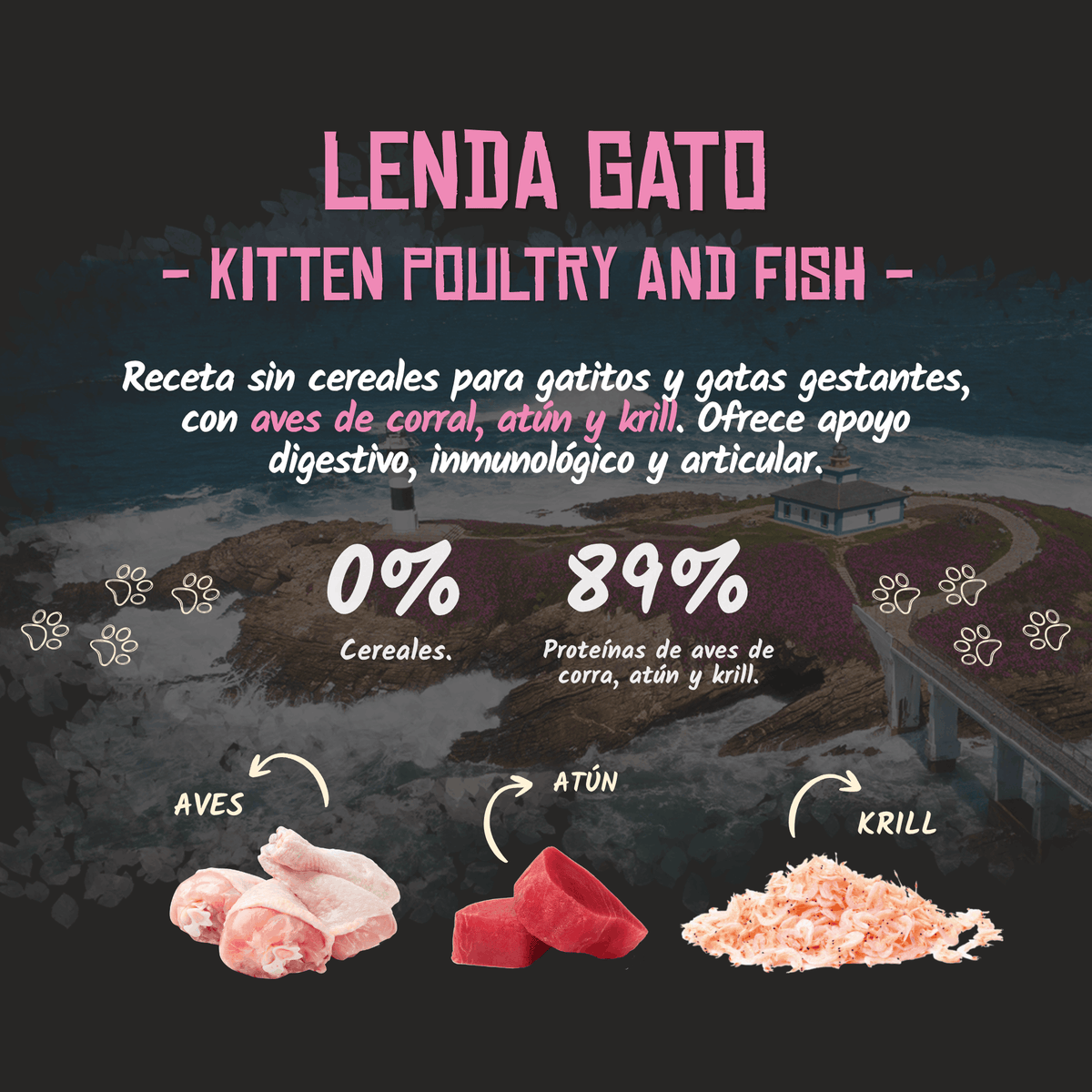 Infografía oficial del pienso Lenda Kitten para gatitos con sus proteínas, EAN 8435578201504