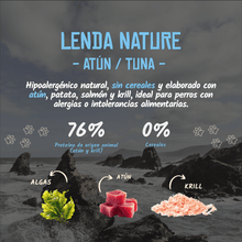 Infografía del pienso Lenda Nature atún para perros: 0 % cereales, EAN 8431539369030 y 8431539369122