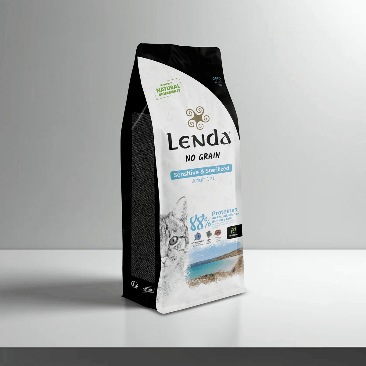 Saco frontal del pienso Lenda Sensitive para gatos, EAN 8435578201535 y 8435578201795