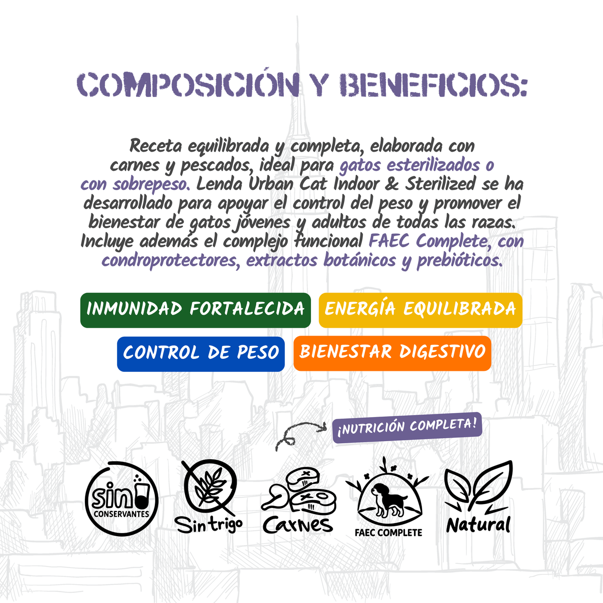 Composición y beneficios del pienso Lenda Urban Indoor para gatos, EAN 8435578201610 y 8435578201627
