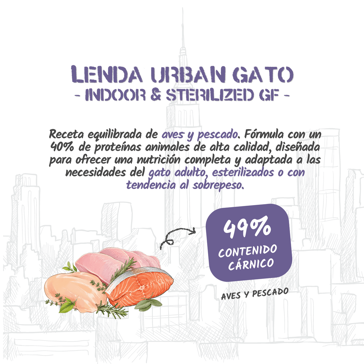 Infografía con un 49 % de contenido cárnico de aves y pescado, EAN 8435578201610 y 8435578201627
