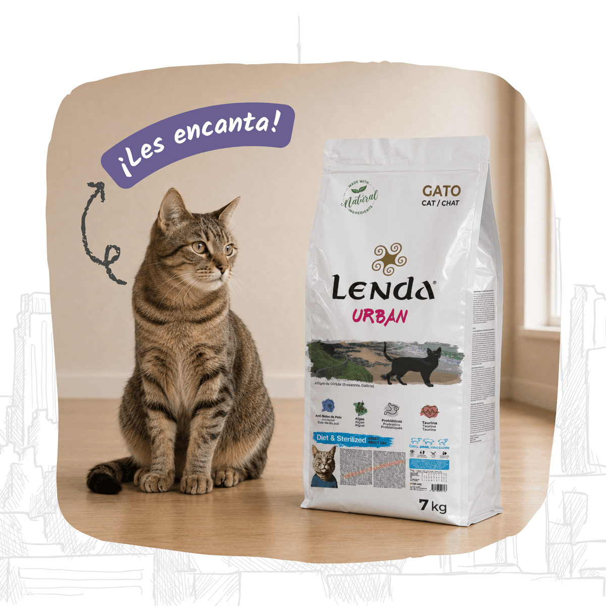 Gato atigrado sentado junto al saco de 7 kg, EAN 8435578201627