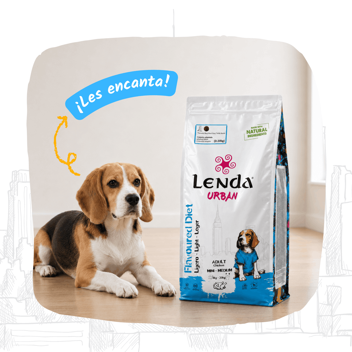 Beagle junto al saco del pienso light Lenda Urban para perros, EAN 8435578201740 y 8435578201689 y 8435578201559