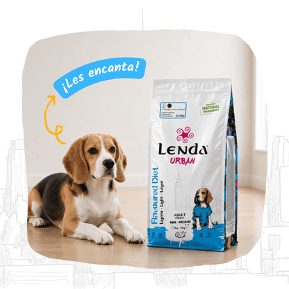 Beagle junto al saco del pienso light Lenda Urban para perros, EAN 8435578201740 y 8435578201689 y 8435578201559