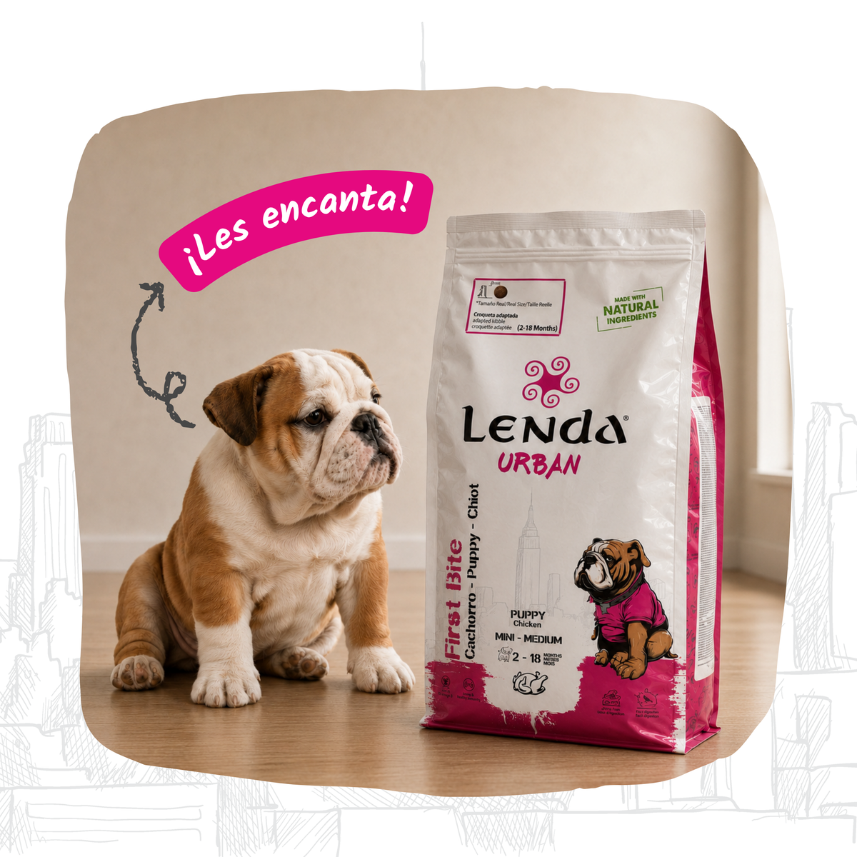 Cachorro de bulldog junto al saco del pienso Lenda Urban para cachorros, EAN 8435578201702 y 8435578201641