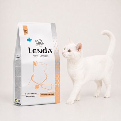 Felino blanco caminando junto al saco de control de peso, EAN 8435578250250