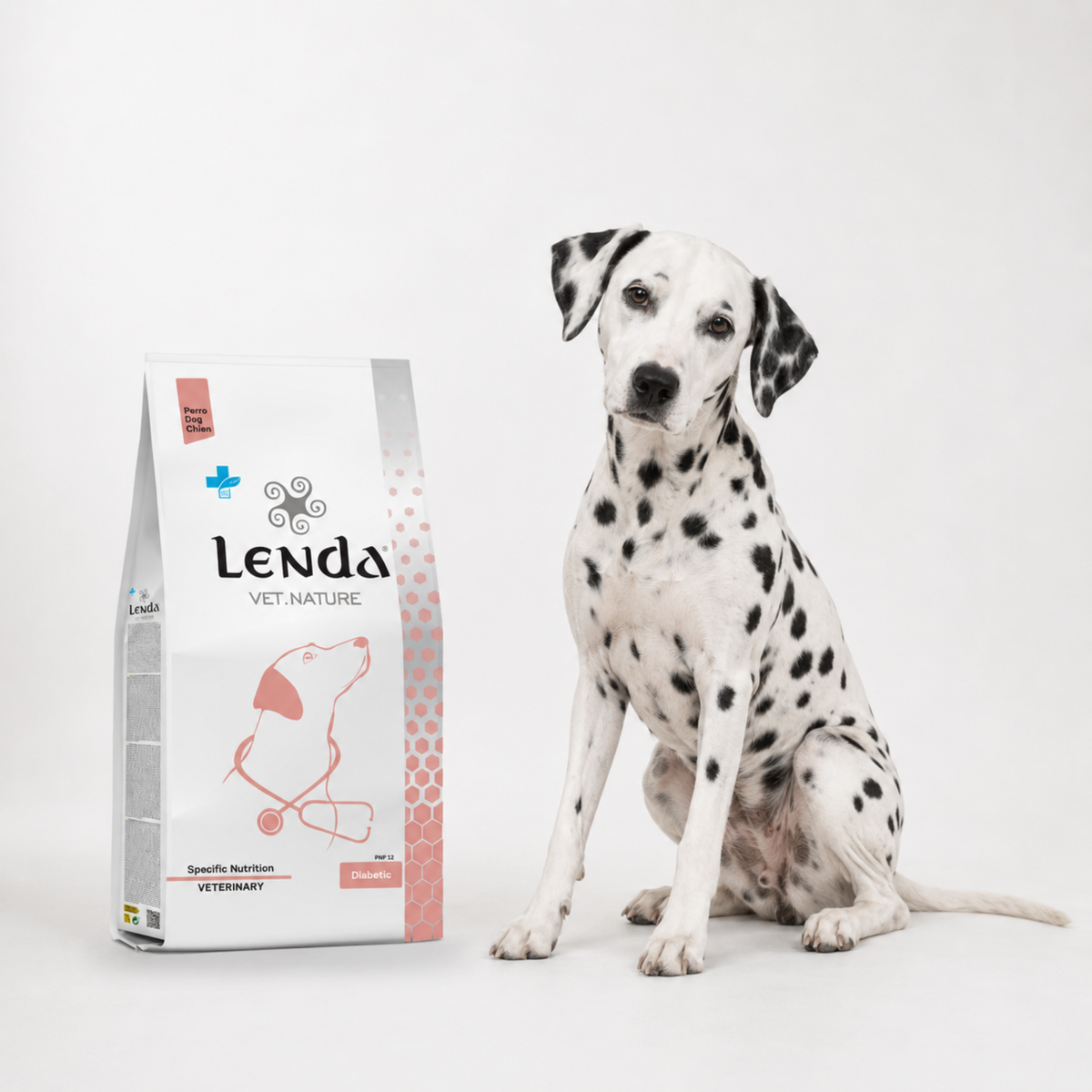 Dálmata sentado junto al saco Vet Nature para perros diabéticos, EAN 8435578250083 / 8435578250090