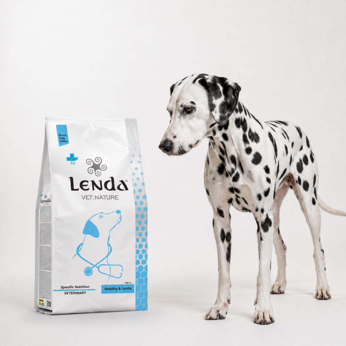 Dálmata sentado junto al saco Vet Nature para las articulaciones, EAN 8435578250007 / 8435578250014