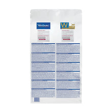 Reverso de la bolsa de 3 kg de pienso light para gatos Virbac W2 con composición y ración