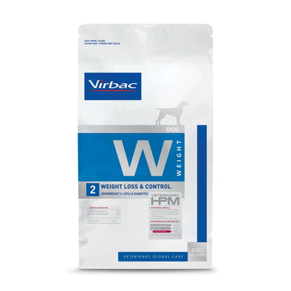 Pienso light para perros Virbac HPM W2 Weight Loss & Control, cara frontal de la bolsa, EAN 3561963601071