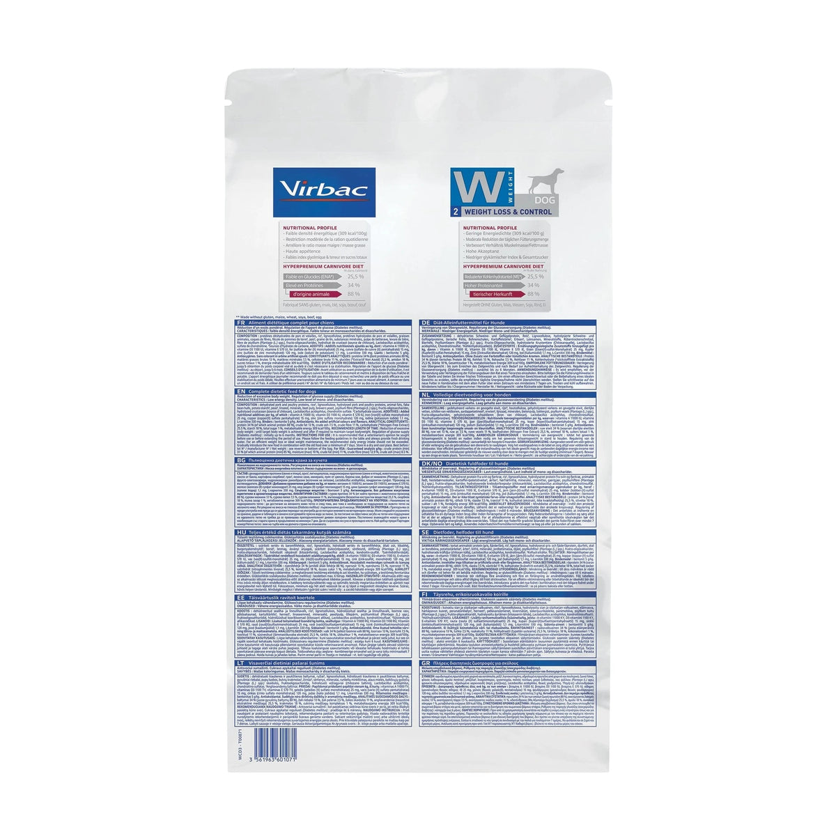 Reverso de la bolsa de 3 kg de pienso light para perros Virbac W2 con composición y ración