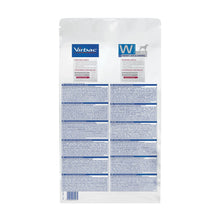 Reverso de la bolsa de 3 kg de pienso light para perros Virbac W2 con composición y ración