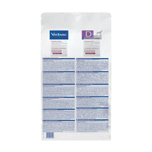 Reverso del saco de pienso para perros con dermatitis Virbac D1 con composición y ración