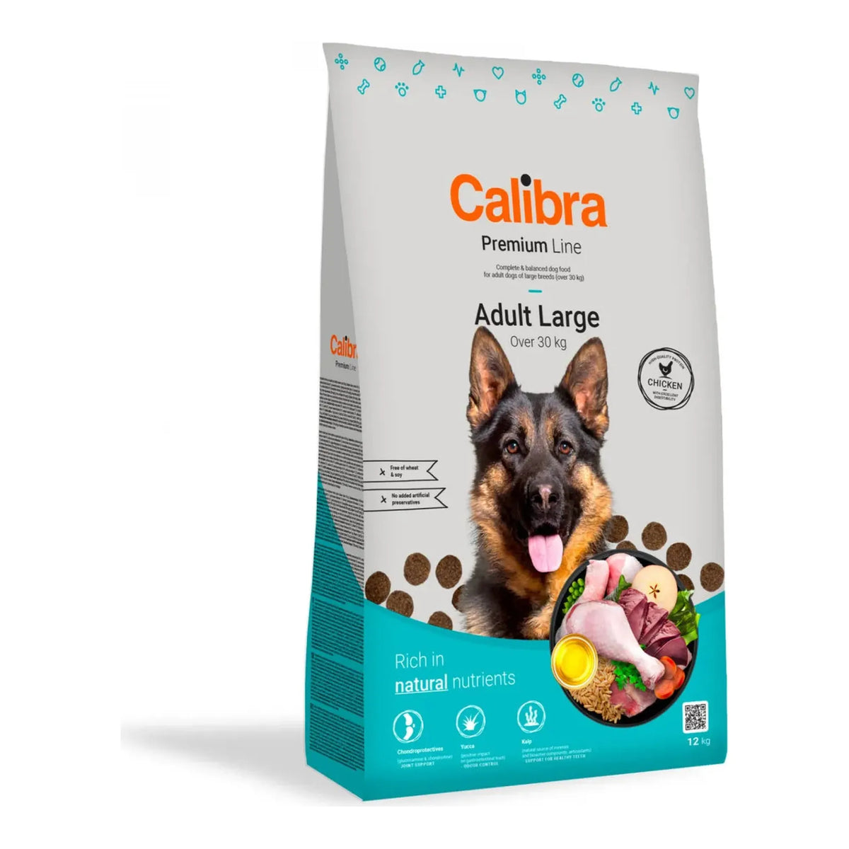 Saco del pienso Calibra Premium para perros grandes, receta Premium Line Adult Large con pollo