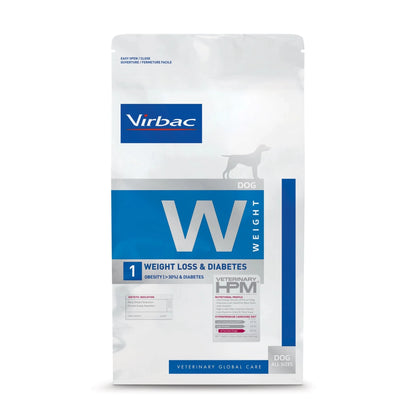 Pienso para perros obesos Virbac HPM W1 Weight Loss & Diabetes, cara frontal del saco, EAN 3561963601064