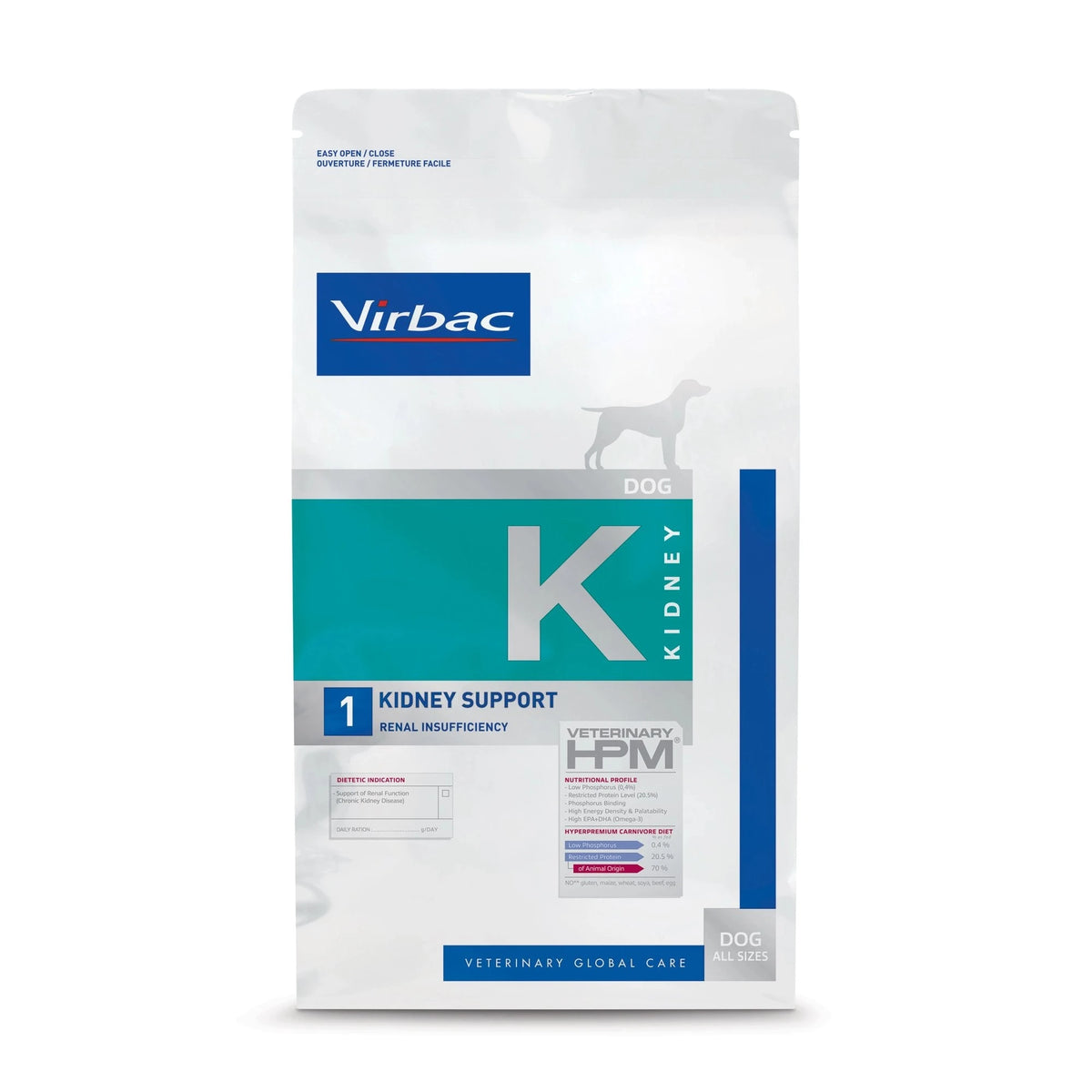 Pienso renal para perros Virbac HPM K1 Kidney Support, cara frontal del saco, EAN 3561963601217