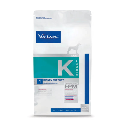 Pienso renal para perros Virbac HPM K1 Kidney Support, cara frontal del saco, EAN 3561963601217