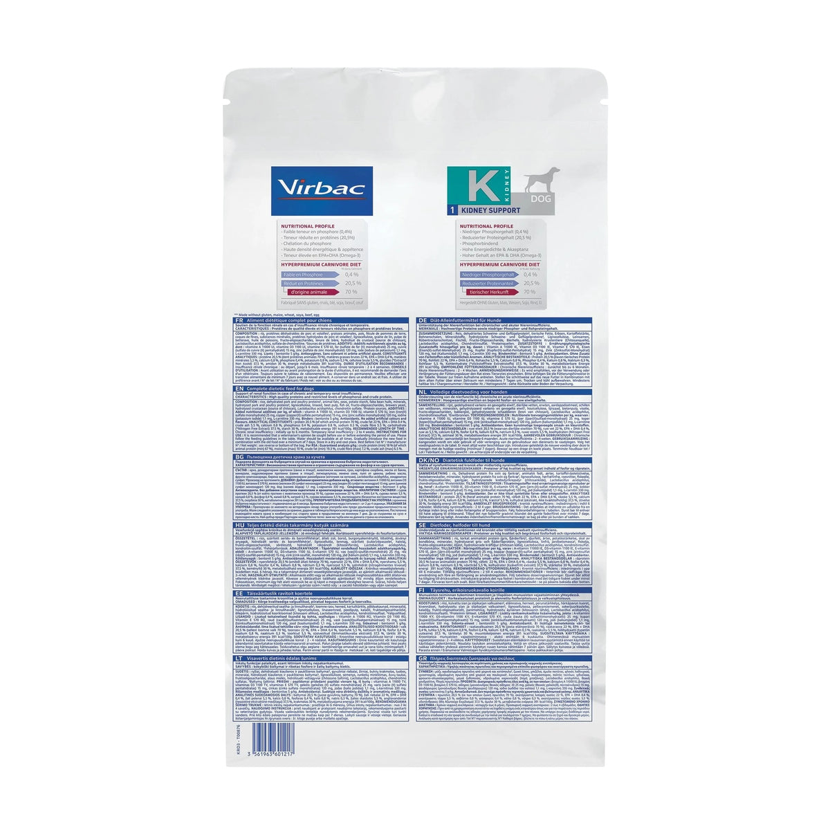 Reverso del saco de 3 kg de pienso renal Virbac K1 con composición y ración