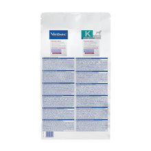 Reverso del saco de 3 kg de pienso renal Virbac K1 con composición y ración