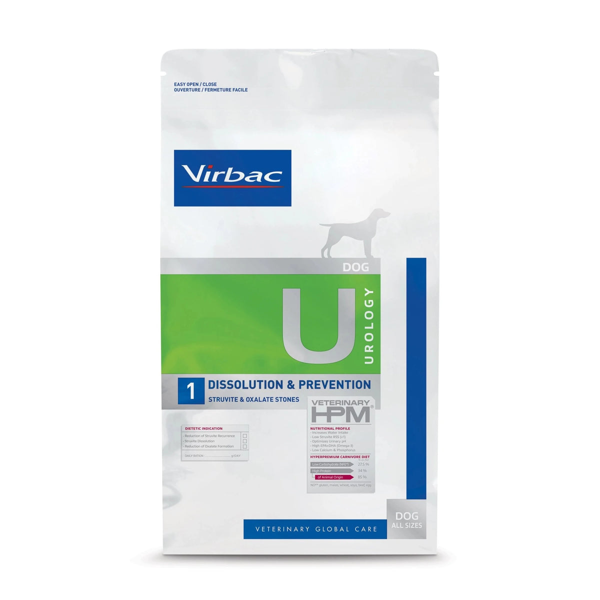 Pienso urinary para perros Virbac HPM U1 Urology Dissolution & Prevention, cara frontal del saco, EAN 3561963601231