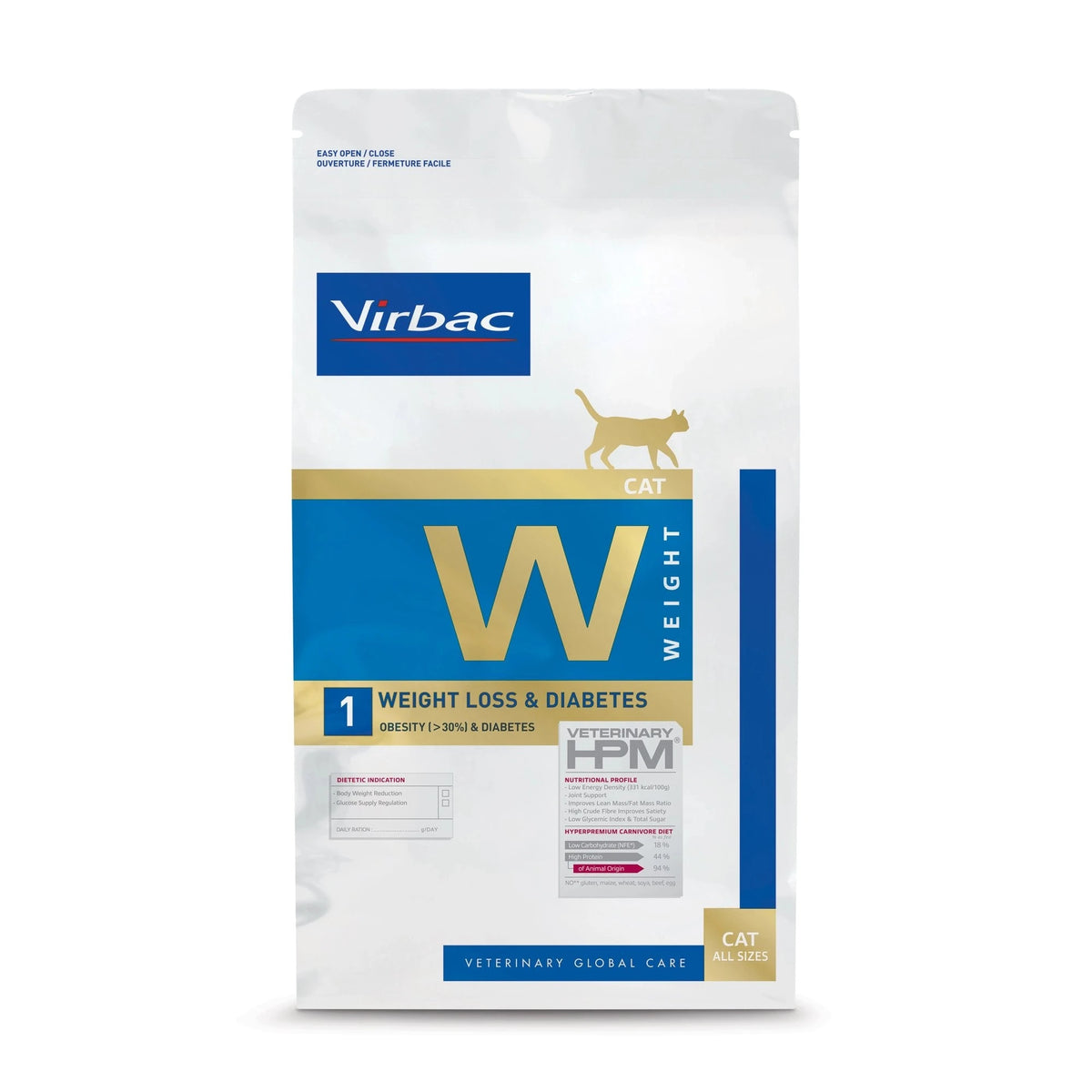 Pienso Virbac W1 para gatos con sobrepeso, bolsa frontal, EAN 3561963600920