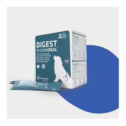 Estuche y sobre de Plasmoral Digest para perros de razas grandes y gigantes de Pharmadiet, EAN 8414042005848
