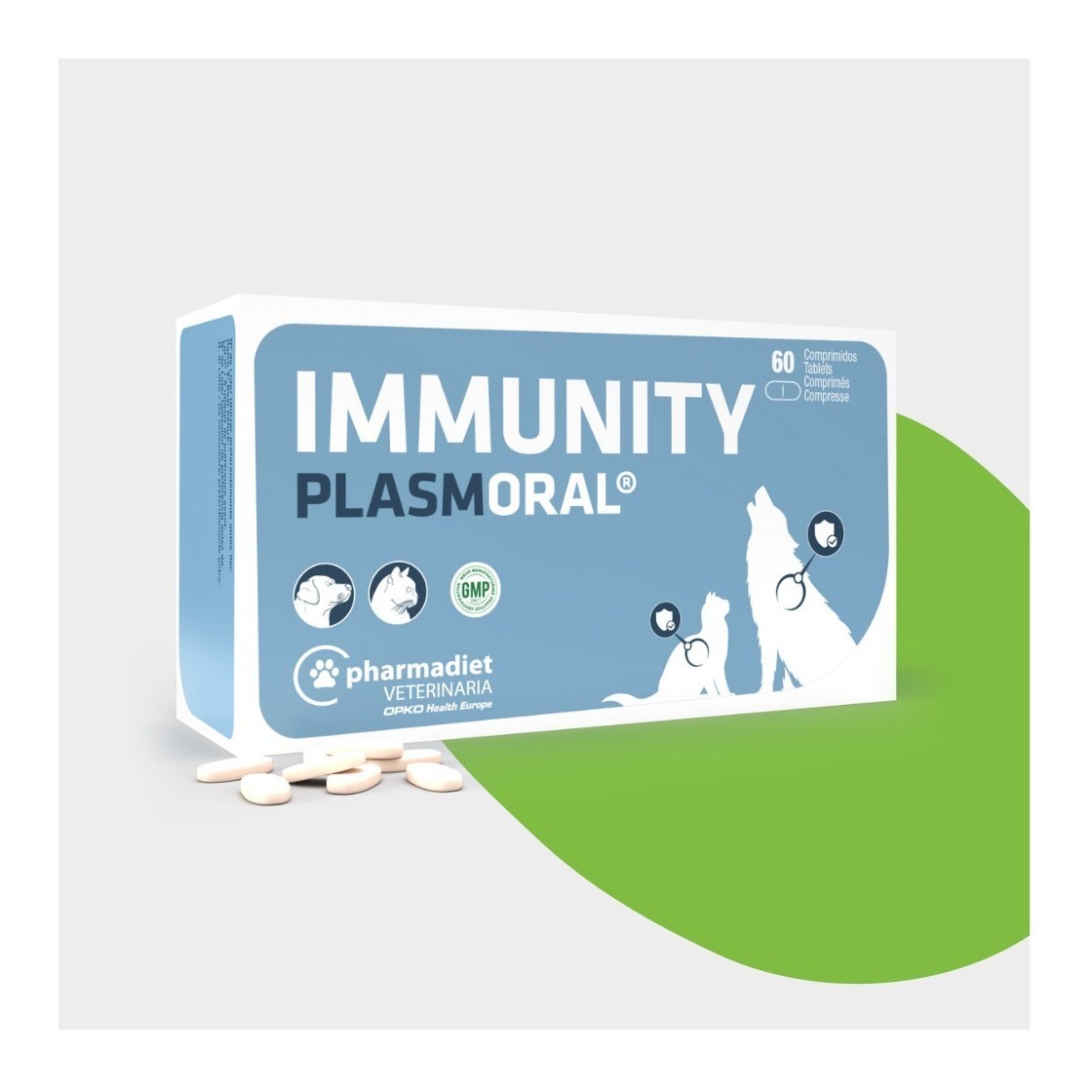 Estuche y blíster de Plasmoral Immunity comprimidos para perros y gatos de Pharmadiet, EAN 8414042004896