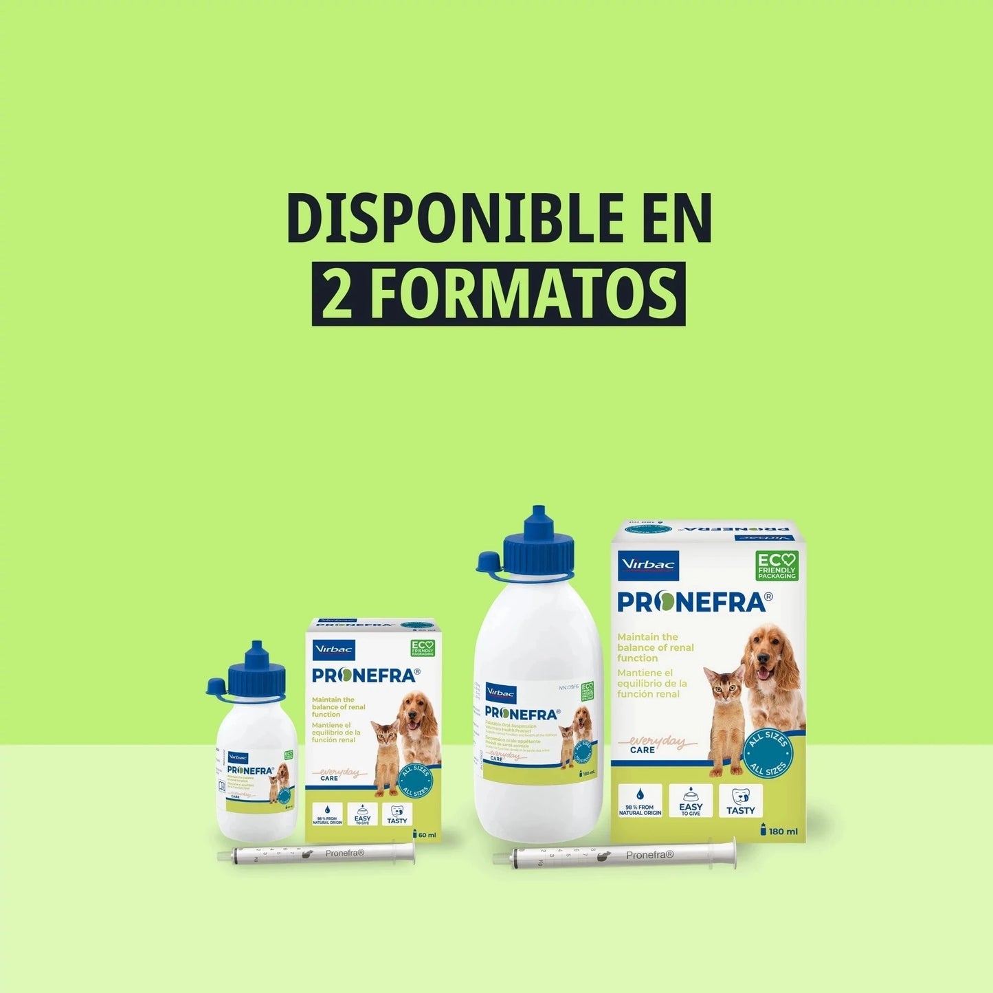 Los dos formatos de Pronefra Virbac sobre fondo verde lima — frasco y caja de 60 ml a la izquierda y caja grande de 180 ml con su frasco a la derecha, con texto DISPONIBLE EN 2 FORMATOS