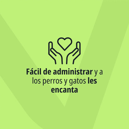 Icono lineal de dos manos sosteniendo un corazón sobre fondo verde lima con logo Virbac, y texto Fácil de administrar y a los perros y gatos les encanta