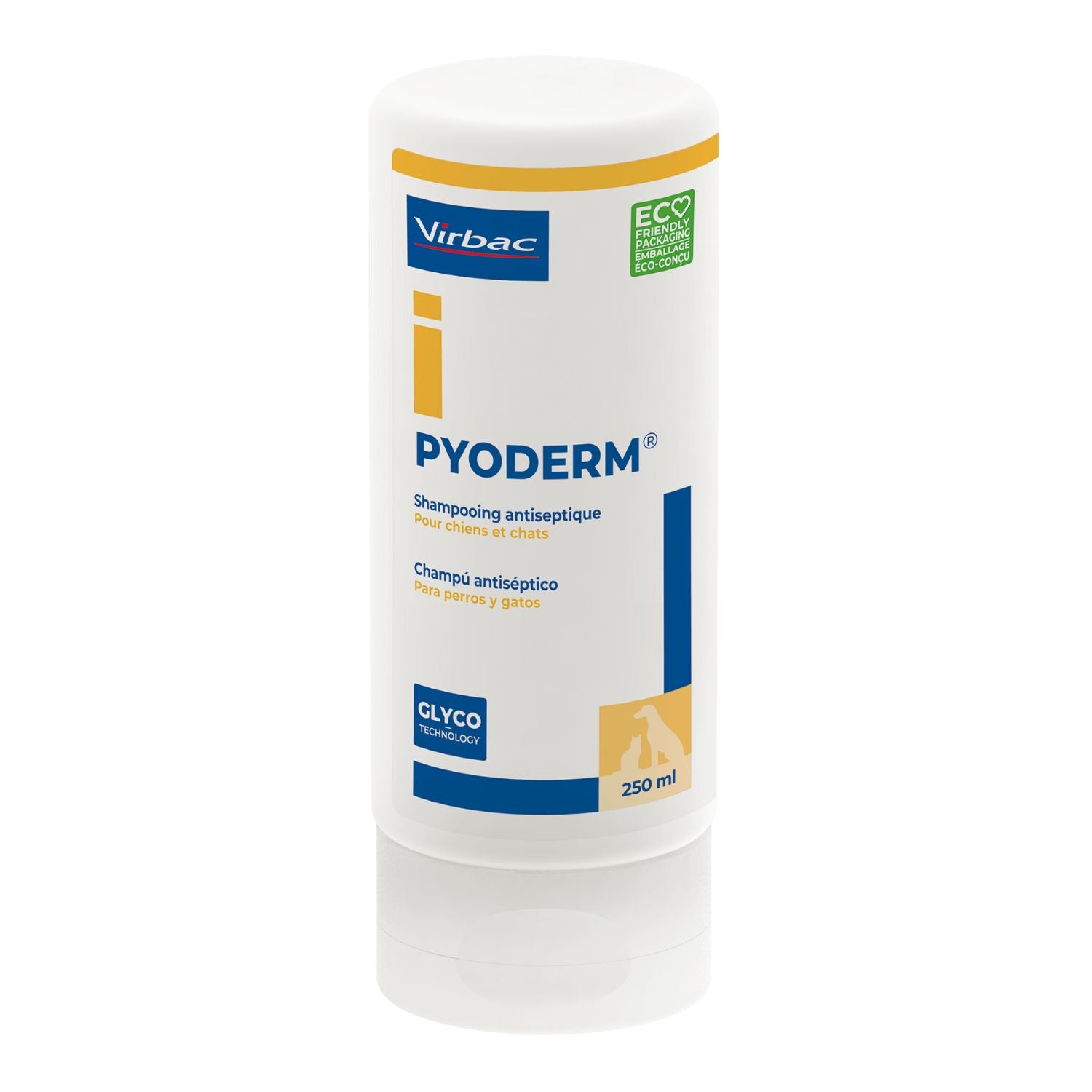 Envase frontal de Pyoderm champú antiséptico para perros y gatos de 250 ml de Virbac