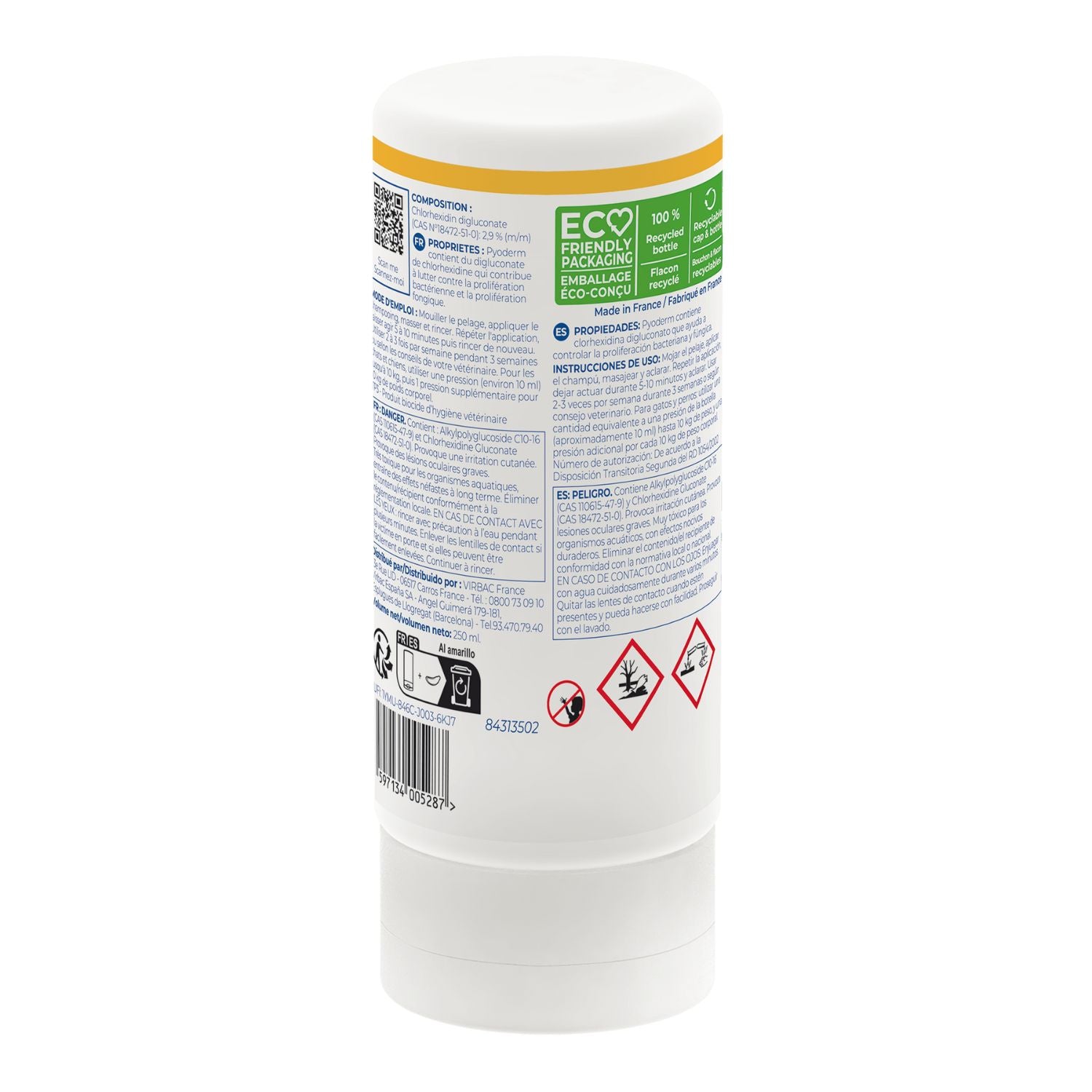 Envase posterior de Pyoderm champú antiséptico para perros y gatos de 250 ml con composición e instrucciones