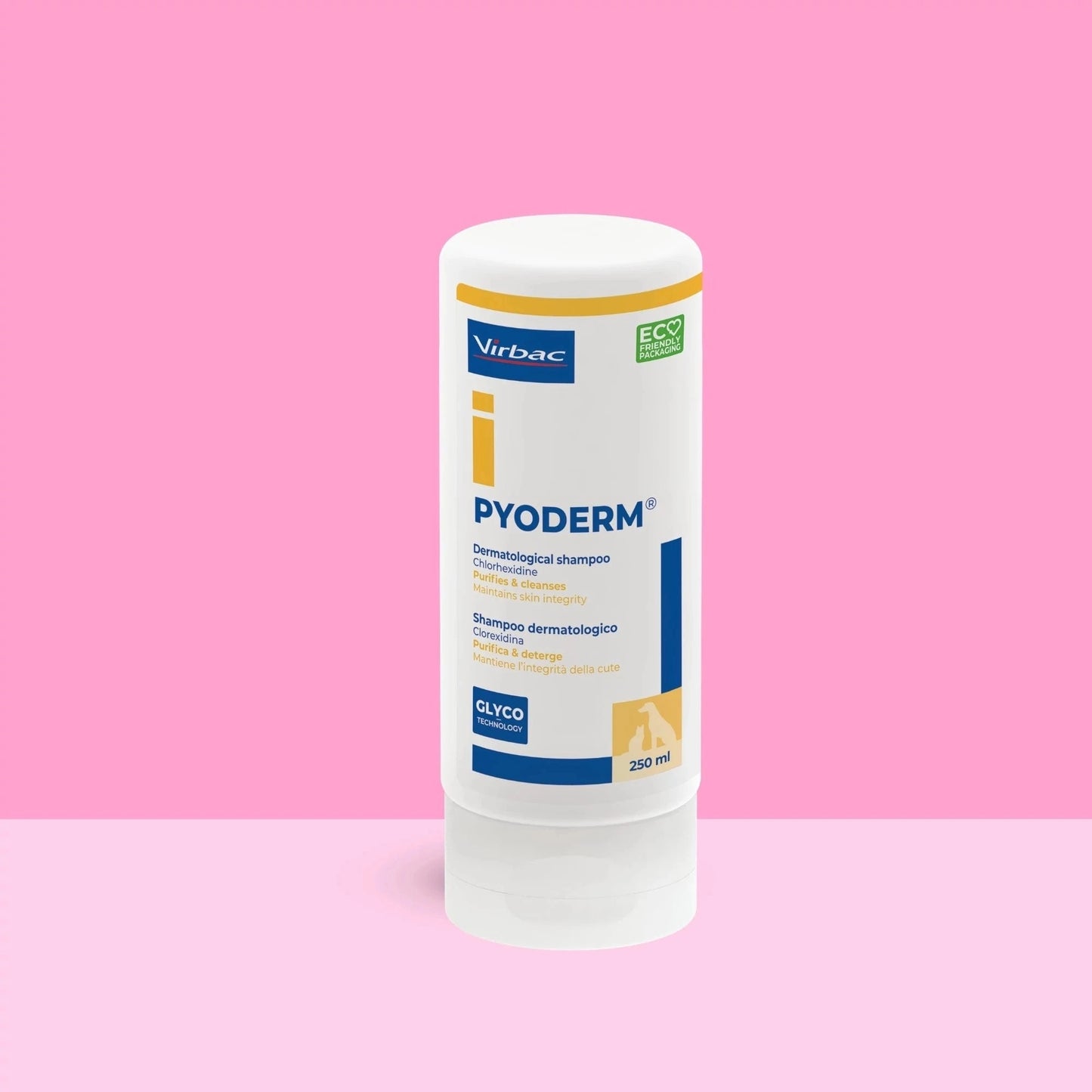 Bote Pyoderm Virbac champú dermatológico 250 ml sobre fondo rosa bicolor, etiqueta blanca con detalles naranja y azul, texto Dermatological shampoo Chlorhexidine Purifies and cleanses Maintains skin integrity, sello GLYCO TECHNOLOGY e icono perro, ECO FRIENDLY