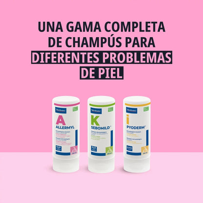 Los tres champús dermatológicos S.I.S. de Virbac Allermyl A, Sebomild K y Pyoderm i alineados sobre fondo rosa, texto Una gama completa de champús para diferentes problemas de piel