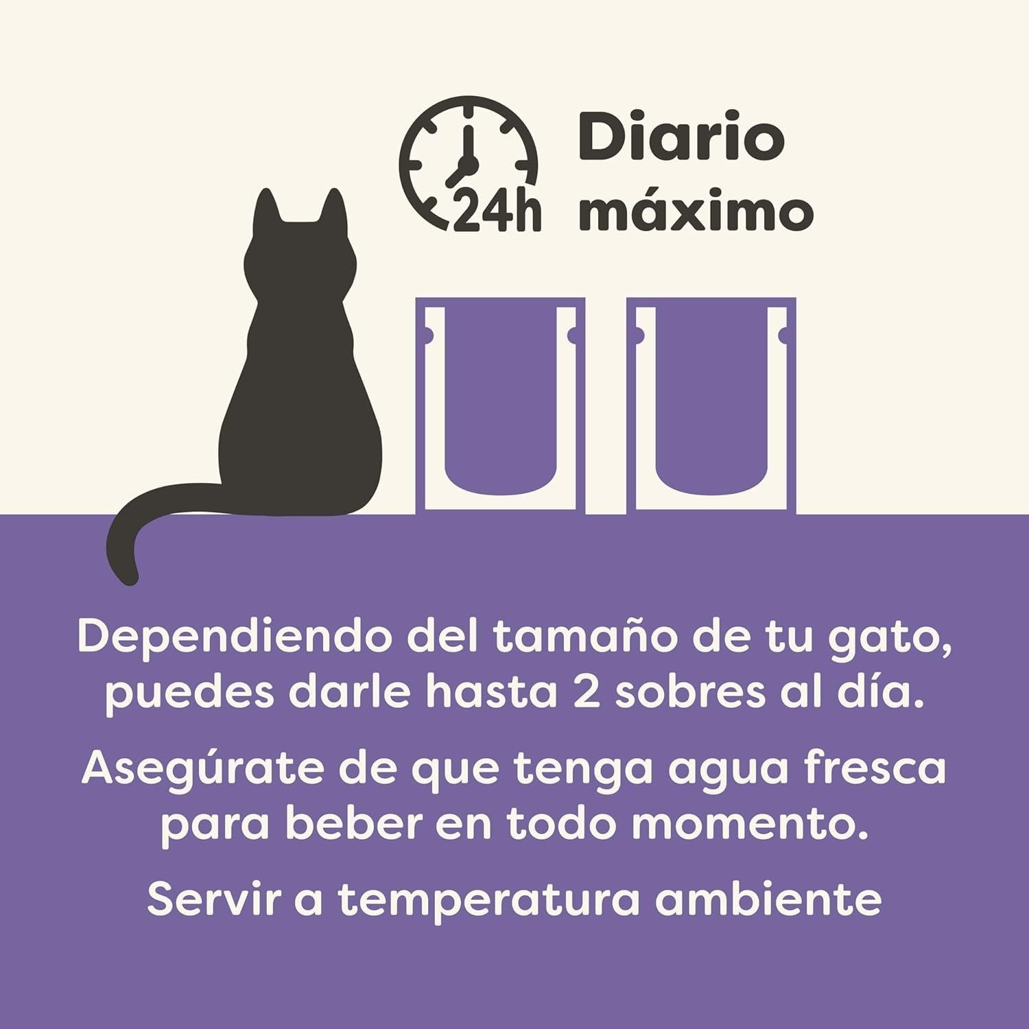Ilustración de gato junto a dos sobres de comida húmeda Applaws y texto de ración diaria máxima y recomendaciones de uso