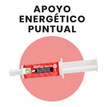 Jeringa de Redplex Booster Audevard para caballos sobre círculo rosa con el titular de apoyo energético puntual