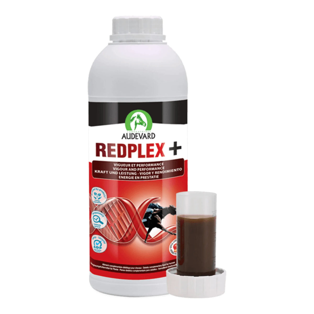 Bote de Redplex Audevard vitaminas para caballos con vaso medidor dosificador de líquido oscuro