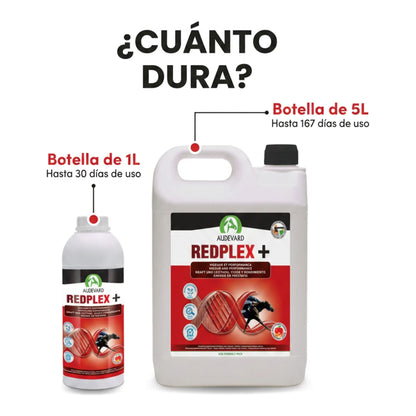 Botella de 1 litro y garrafa de 5 litros de Redplex Audevard vitaminas para caballos con su duración