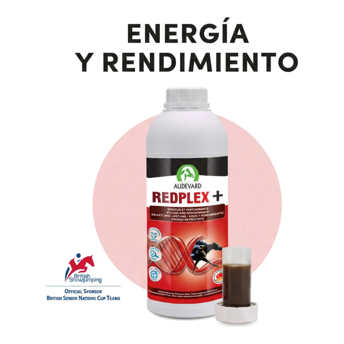 Bote de Redplex Audevard vitaminas para caballos sobre fondo rosa con el titular de energía y rendimiento