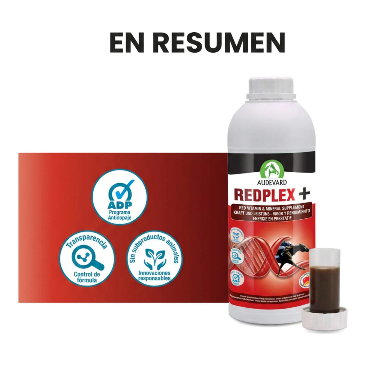 Resumen visual con el bote de Redplex Audevard vitaminas para caballos y sus sellos de calidad