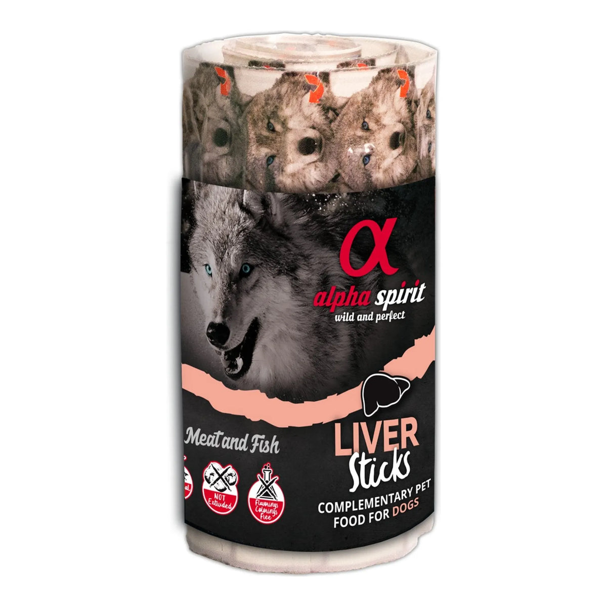 Ristra de 16 barritas Alpha Spirit de hígado para perros en envase cilíndrico, EAN 18437013576595