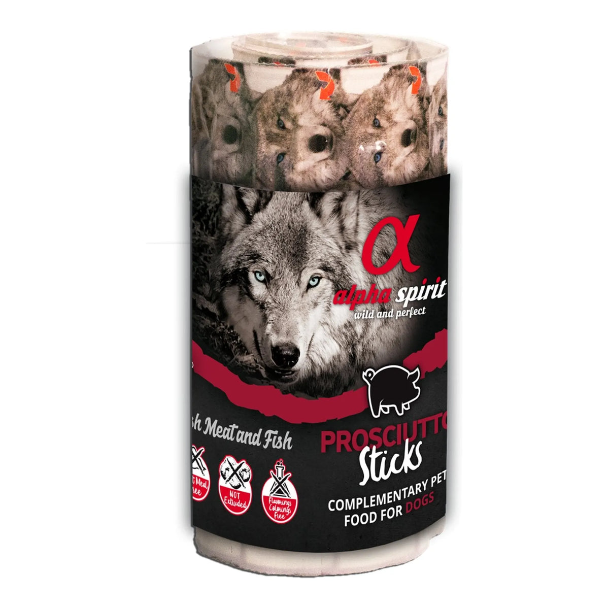 Ristra de 16 barritas Alpha Spirit de jamón para perros en envase cilíndrico, EAN 18436586310483