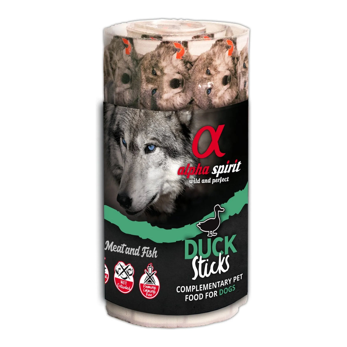 Ristra de 16 barritas Alpha Spirit de pato para perros en envase cilíndrico, EAN 18437013576984